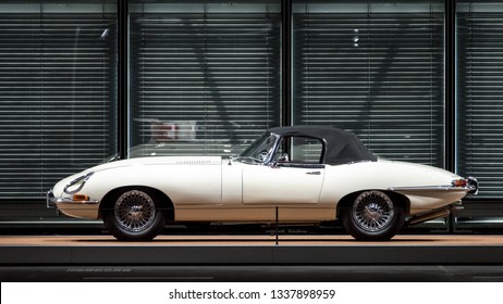 Basel, Switzerland - September 08, 2018: Grand Basel Auto Exhibition, Jaguar E Serie 1 Cabriolet, 1965