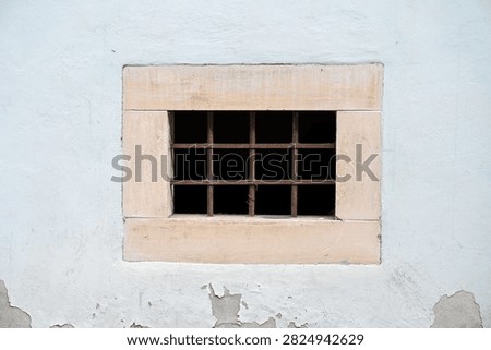 Basement or cellar window fitted with a dark metal security grille, serving as a symbol of captivity and imprisonment. A barred cellar window.