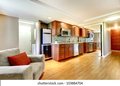 Basement Luxury Kitchen In The Modern Apartment With Hardwood Floors.