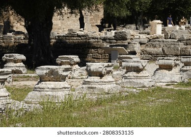 The bases and the ionic capitals of columns that were part of a guesthouse (Leonidaion) for wealthy visitors and participants to the ancient Olympic Games in Olympia, Greece, that was constructed around 330 BC covering an expansive area of over 6000 square meters
