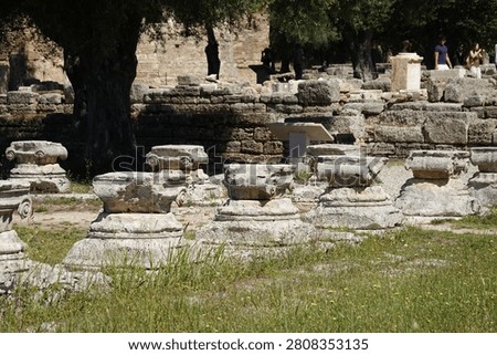 The bases and the ionic capitals of columns that were part of a guesthouse (Leonidaion) for wealthy visitors and participants to the ancient Olympic Games in Olympia, Greece, that was constructed around 330 BC covering an expansive area of over 6000 square meters
