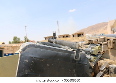 BASHIK FRONTLINE, KURDISTAN, IRAQ - 2015 JULY 25  - A Machine Gun Mounted On A Kurdish (peshmerga) Truck At BASHIK (bashik) Base 25km From ISIS Controlled Mosul. 