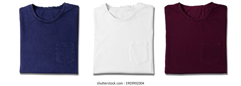 Basic Blue, White And Red Tshirt Isolated On White Background. Mock Up For Branding T-shirt With Pocket. 