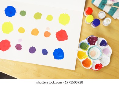 Basic colors theory for kids concept. Colour palette of primary, secondary and tertiary color, warm and cool scheme with kids hand writing. Complementary, Poster, Chart, Learning, Painting, Arts. - Powered by Shutterstock