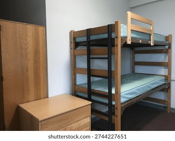 Basic Empty American College Dorm Room Bedroom with Bunk Bed and Dresser