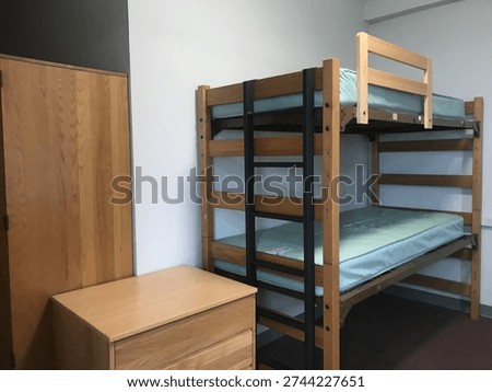 Basic Empty American College Dorm Room Bedroom with Bunk Bed and Dresser