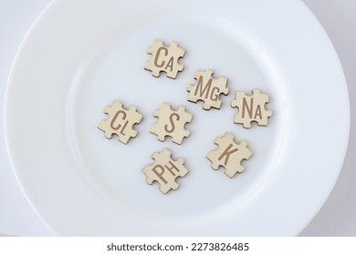 Basic essential macronutrients for humans written on wooden puzzles lying on a white plate