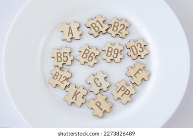 Basic essential vitamins for humans written on wooden puzzles on a white plate