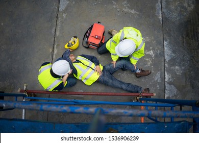 Basic first aid training for support accident in site work, Builder accident fall scaffolding to the floor, Safety team help employee accident. - Shutterstock ID 1536906239