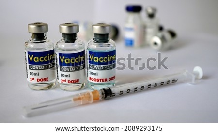 Basic fomulars 3 step for anti covid-19 virus.first does,second dose and booster dose. Corona virus vaccine in glass bottle.Corona virus,mRNA type Vaccine.Viral Vector vaccine type.Inactivated Vaccine