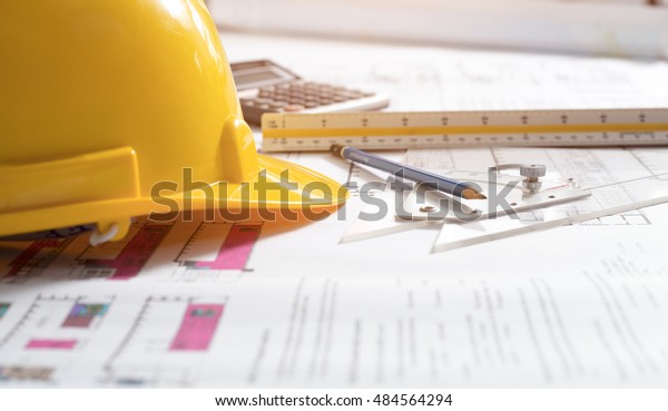 Basic instruments architect or construction\
engineer working , Construction concept Engineering tools on work\
table.\
