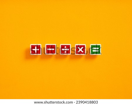 Basic mathematical operations symbols. Plus, minus, multiply, divide, equal symbols on colorful blocks. Mathematic or math action, education and basic calculations.