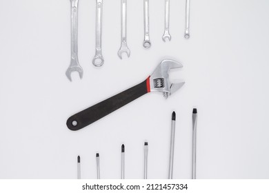 Basic mechanic tools. 3. Different types of wrenches, french wrench and screwdrivers.