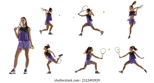 Basic movements. Collage, set with portraits od young woman, tennis player playing tennis isolated on white background. Workout, fitness, sport, exercise concept. Female model in motion or movement