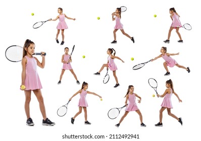 Basic Movements. Starting. Collage With Little Girl, Kid, Tennis Player Playing Tennis Isolated On White Background. Healthy Lifestyle, Sport, Skills And Study. Female Model In Motion And Static