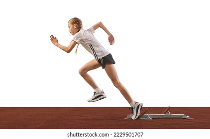 Basic running technique. Young athlete, beginner female track runner bursting off starting block isolated on white background. Concept of sport, workout, skills and achievements. Little girl training - Powered by Shutterstock