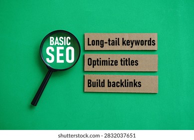 BASIC SEO LONG-TAIL KEYWORD, OPTIMIZE TITLES, BUILD BACKLINS. Web development concept. Online business marketing and promotion. Company data and information in search engines