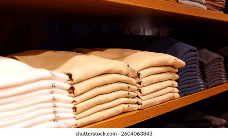 Basic wardrobe essentials with neatly folded shirts in various colors and sizes Shirt stack showcases style shirt variety for daily wear Shirt selection reflects timeless fashion basics for men