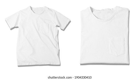 Basic White Tshirt Isolated On White Background. Mock Up For Branding T-shirt With Pocket. 