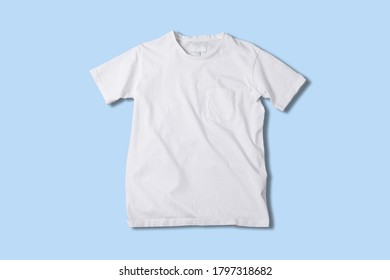 Basic White Tshirt On Blue Background. Mock Up For Branding T-shirt With Pocket. 
