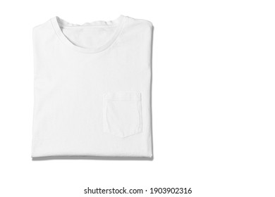 Basic White Tshirt On Isolated On White Background. Mock Up For Branding T-shirt With Pocket. 