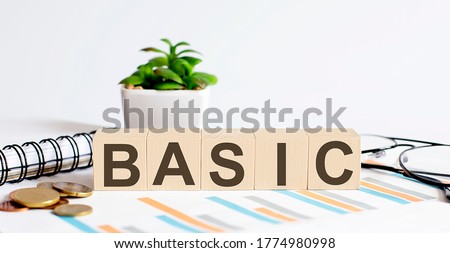 BASIC word on wood blocks concept with chart, coins, notebook and glasses.