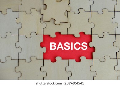 BASIC words from missing wooden puzzle on red background , ethics moral philosophy concept, bright background