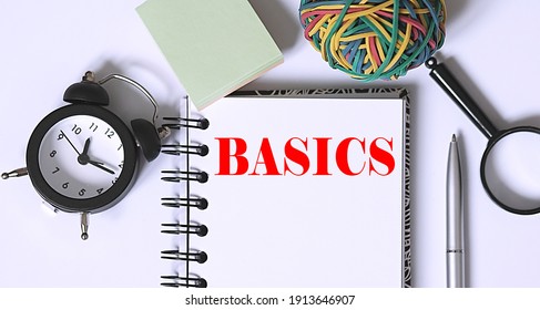 BASICS Conceptual background with office tools on white background