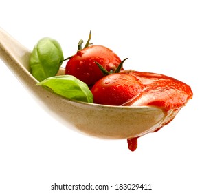 Basil Pasta And Tomato Sauce On An Isolated Background