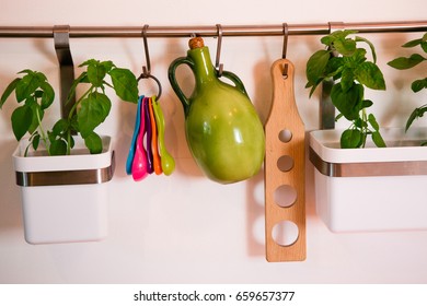 Basil in pot and olive oil. Kitchen utensils hanging on the wall - Powered by Shutterstock