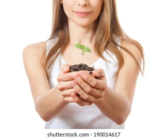 basil sprout in female hand. Isolated on white background - Powered by Shutterstock