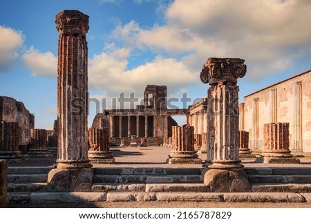 The Basilica at the archeological site of Pompei, Naples, Italy. Its was the most sumptus building of the Forum and served as a court and a covered forum.