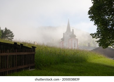 Basilica of the Birth of the Virgin Mary in Mariazell (Austria), foggy morning. This is the most important pilgrimage destination in Austria and one of the most visited shrines in Europe.