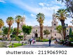 The Basilica Cathedral of Arequipa is located in the Plaza de Armas in Peru.