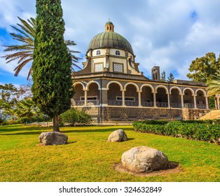 Basilica of the monastery of Mount Beatitudes. The magnificent dome surrounded by a colonnade. Israel, lake Tiberias