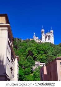 The Basilica of Notre Dame de Fourviere overlooking Lyon, France and the Saone River.