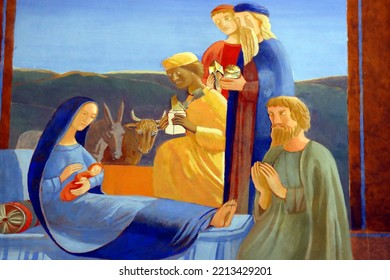 Basilica Of Our Lady Of Geneva.  Painting. Nativity. Adoration Of The Child Jesus By The Three Wise Men Or Magi. Geneva. Switzerland.  06-30-2020