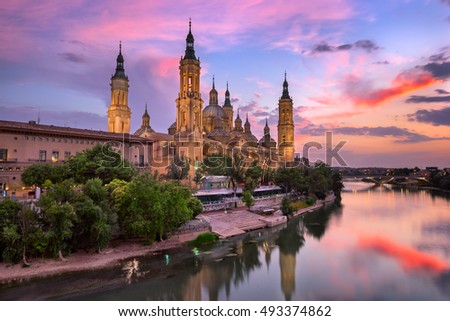 Basilica of Our Lady of the Pillar and Ebor River in the Evening, Zaragoza, Aragon, Spain