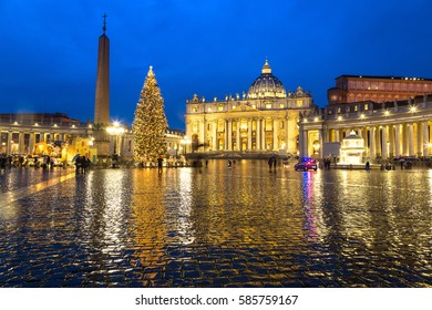 Basilica Of Saint Peter In Vatican At Winter Christmas Night