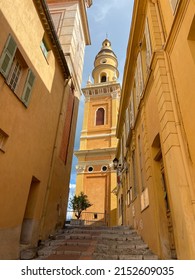 The Basilica of Saint-Michael the Archangel in Menton, France. The tall bell tower on the right side of the church was added at the beginning of the 18th century.