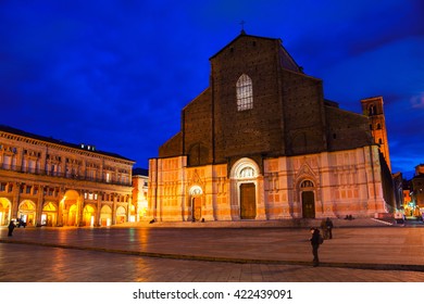 Basilica of San Petronio at the main square of Bologna, Italy. Famous landmark at sunset at night