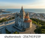 Basilica Santa Luzia at Sunset. Viana do Castelo City, Portugal. Aerial View.