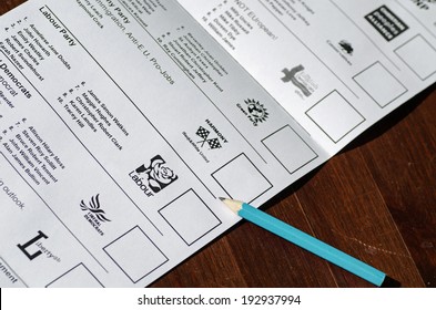 BASINGSTOKE, ENGLAND - MAY 14, 2014: Part of the ballot paper for the European Parliamentary elections for the South East region of the UK.  Fifteen parties are standing with voting on May 22, 2014.