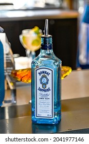 Basingstoke, Hampshire, England - August 2021: Bottle Of Bombay Sapphire Gin With Pouring Nozzle Inserted In The Neck