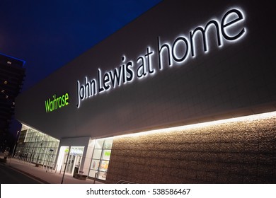 Basingstoke, UK. 18th December 2016. People are seen wandering around the outside of the recently opened John Lewis & Waitrose at home superstore by the Basing View shopping centre in Basingstoke.