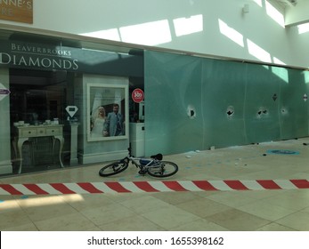 Basingstoke, UK- February 25, 2019: Smash And Grab Robbery Aftermath At Beverbrook's Jewellery Shop In Festival Place, Basingstoke