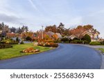 Bask in the tranquil beauty of a suburban street during sunrise in Victoria, Vancouver Island. The peaceful neighborhood and soft morning light create a picturesque scene full of natural charm.