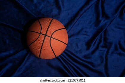 Basket Ball Top View On Silk Fabric With Copy Space.