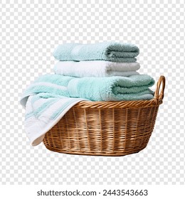 Basket of clean towels on a wooden table isolated on transparent background - Powered by Shutterstock