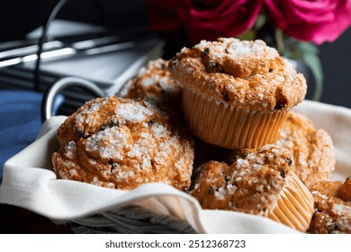 Basket Close-up shot of chocolate chip muffin with selective focus on front of muffin
